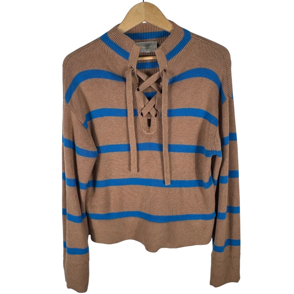 Everlane Striped Wool Blend Ribbed Knit Sweater Womens S Tan Blue Organic Cotton